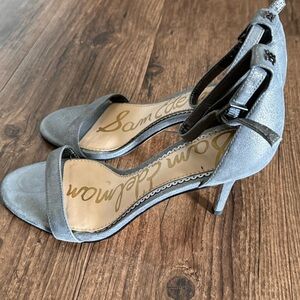 Sam Edelman Metallic Pewter Patti Ankle Strap Sandal 3” heel. Size 6